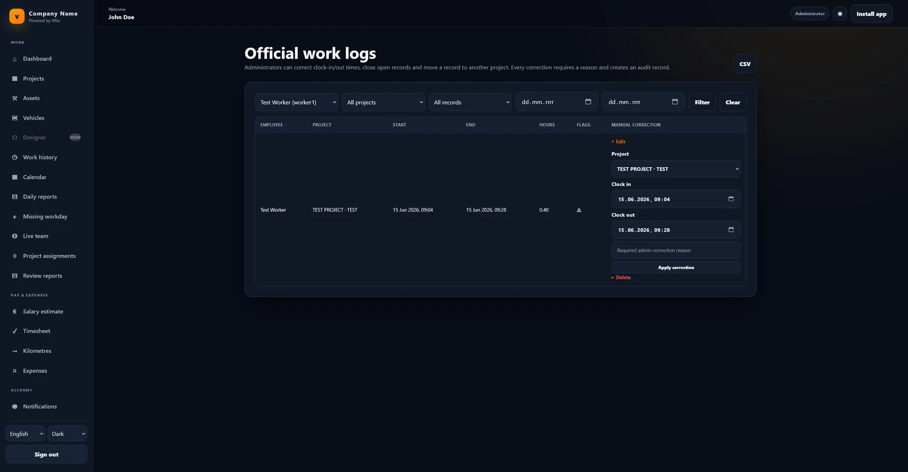 Administrator work logs